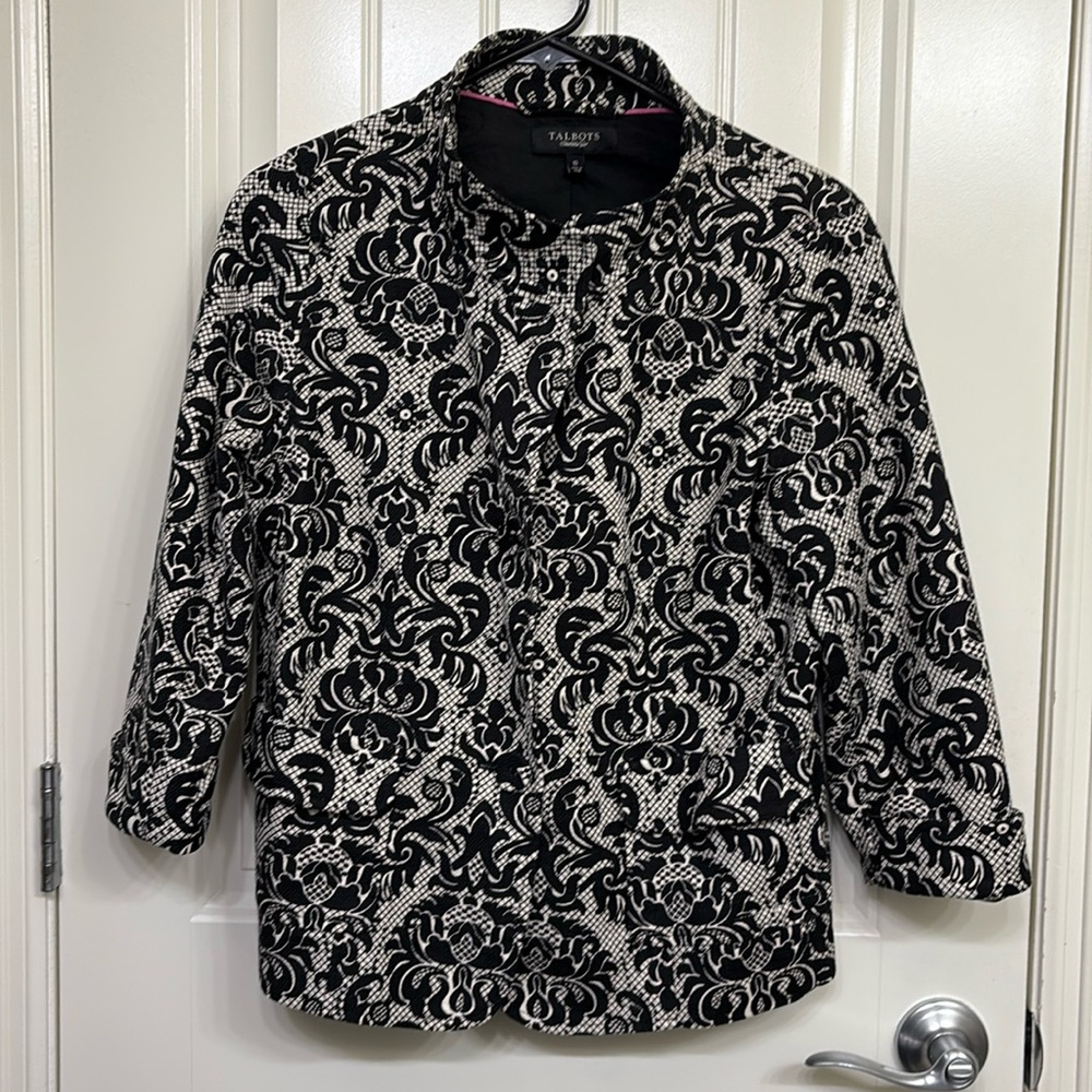 Talbots Size 10 Damask Print Jacket Blazer Black & White Buttons Women's